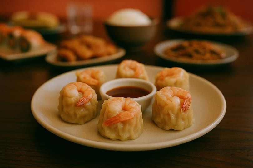 Shrimp shumai dumplings with a dipping sauce on a plate, with other Asian dishes blurred in the background.