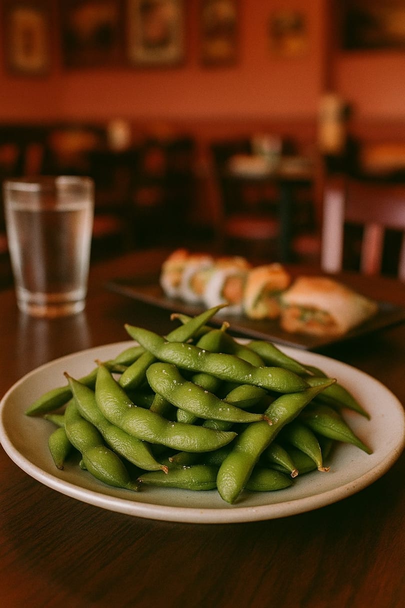 A plate of salted edamame with sushi and a glass of water on a wooden table.