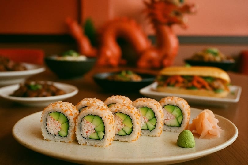California sushi rolls with wasabi and ginger, with other Asian dishes and a dragon statue in background.
