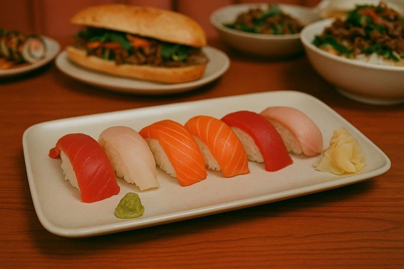 A plate of colorful nigiri sushi with wasabi and ginger, with other Asian dishes blurred in the background.