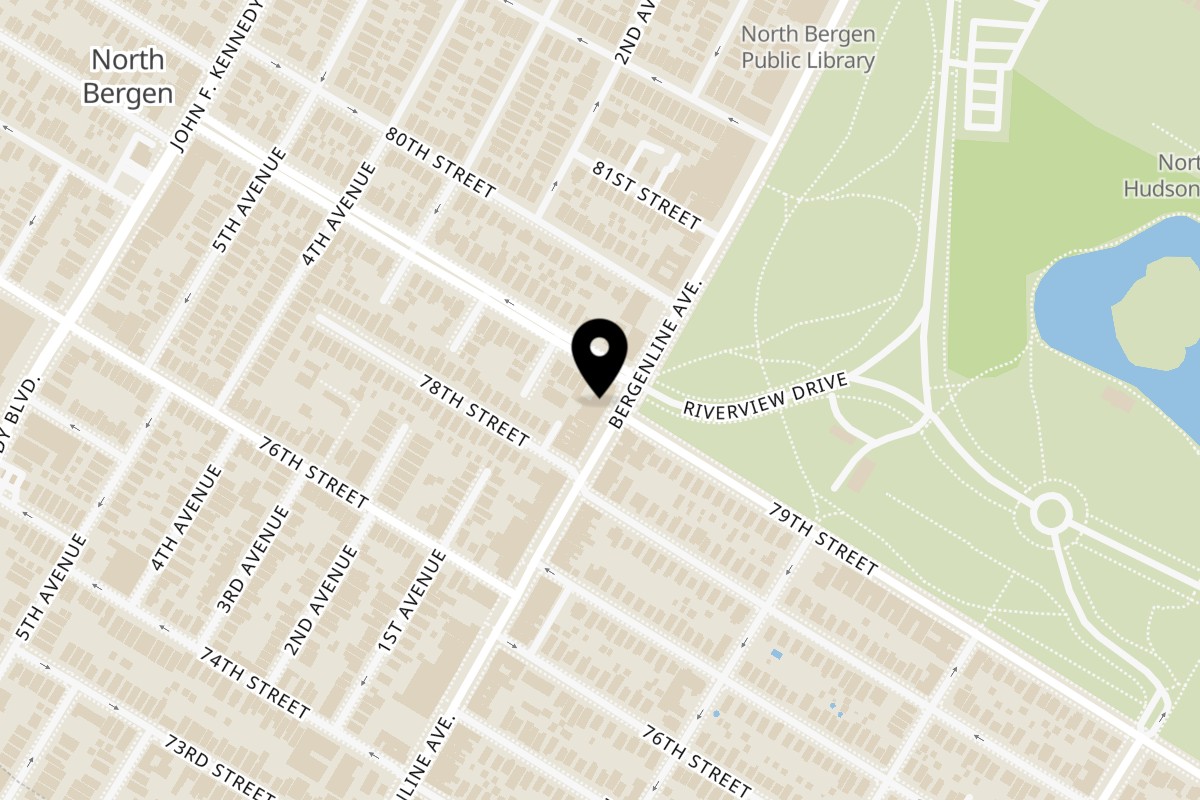 Map showing the location of Asian Fusion and Sushi on 7827 Bergenline Ave in North Bergen